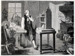 James Watt studiujący doskonalenie maszyny Newcomena (1767) - w „Albumie nauki”; wybitni uczeni; Wielkie odkrycia”” 1896. autorstwa French School