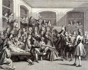 Jansenizm: konwulsje na cmentarzu Saint-Médard na grobie diakona Parîsa (1690-1727), gdzie miały miejsce „cuda”. Druk z XVIII wieku. autorstwa French School