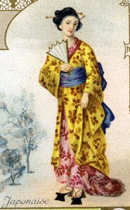 Japonka. Wydanie litografii paryskiej, koniec XIX wieku. Seria 25 farb reklamowych do manufaktury Biscuits Pernot w Dijon, stworzona w 1869 roku. Szczegóły postaci w strojach ludowych autorstwa French School