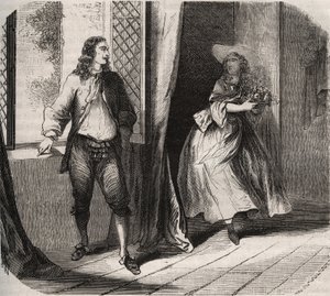 Jean Baptiste (Jean-Baptiste) Poquelin, dit Moliere (1622-1673) oświadczył się komikowi Mademoiselle de Brie (Catherine Leclerc du Rose autorstwa French School