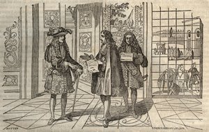 Jean Baptiste Colbert (Jean-Baptiste) (1619-1683) na spotkaniu z królem Ludwikiem XIV i Francois Louvois (1641-1691) w Wersalu - rycina wg Leclerca - autorstwa French School