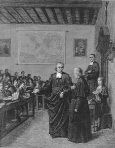 Jean Baptiste De La Salle (Jean-Baptiste) 1651-1719 Francuski zakonnik, założyciel zgromadzenia braci Szkół Chrześcijańskich, pokazując jedną ze swoich szkół M. de La Chetardie. Rycina z końca XIX wieku. autorstwa French School