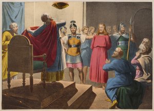 Jezus Chrystus przed Kajfaszem, ilustracja z katechizmu LHistoire Sainte, wyd. Charles Delagrave, Paryż, koniec XIX wieku