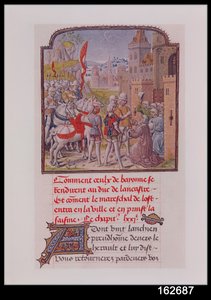 Jan z Gaunt przyjmowany przez mieszkańców Bayonne u bram miejskich, z Kroniki Froissarts, koniec XV w. autorstwa French School