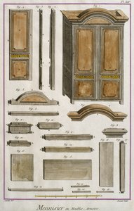 Stolarz, kredens, ilustracja z Encyclopedie des Sciences et Metiers Denisa Diderota (1713-84) rytowana przez Roberta Benarda (fl.1734) wydana ok. 1770 (kolorowa grawerunek) autorstwa French School