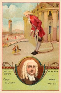 Jonathan Swift, irlandzki pisarz, i scena z jego powieści Podróże Guliwera (chromolitho) autorstwa French School