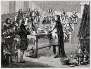 Joseph Black (1728 - 1799), brytyjski chemik i fizyk, doświadcza utajonej kaloryczności przed studentami Uniwersytetu w Glascow autorstwa French School