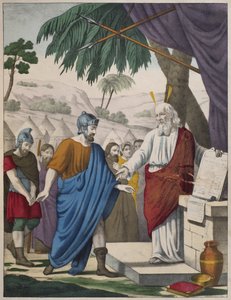 Jozue wyznaczony przez Mojżesza na swojego następcę, ilustracja z katechizmu LHistoire Sainte, wydanego przez Charlesa Delagrave