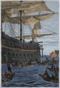Podróż Samuela Wallisa (1728-1795) do Polinezji: rdzenni mieszkańcy trzymający w ręku gałązki bananowe na powitanie - ilustracja zaczerpnięta z „Wielkich marynarzy XVIII wieku”” autorstwa French School