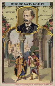 Jules Massenet, francuski kompozytor, i scena z jego opery Le Cid (chromolitografia) autorstwa French School