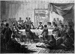 Kabar (spotkanie) francuskich oficerów i wodzów malgaskich reprezentujących królową Ranavalo Manjakę I (Ranavalona). Madagaskar autorstwa French School