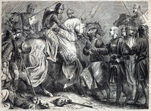 Król Alfons V Wspaniały (w. 1396-1458), król Aragonii, podbija królestwo Neapolu. Rycina w „Historii papieży (...) Zbrodnie królowej króla i cesarzy na przestrzeni wieków” Maurice Lachatre autorstwa French School
