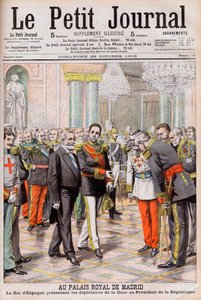 Król Hiszpanii Alfons XIII przedstawiający swój dwór prezydentowi Francji Emilowi Loubetowi w Pałacu Królewskim w Madrycie. W Pałacu Królewskim w Madrycie. Król Hiszpanii Alfons XIII przedstawiający dostojników dworskich Prezydentowi Republiki Loubet autorstwa French School