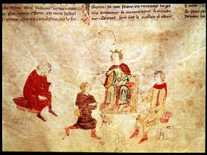 Król Artur na tronie otoczony przez swoich doradców, z Roman de Meliadus autorstwa French School