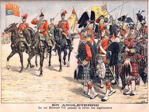 Król Edward VII dokonujący przeglądu oddziałów góralskich. W Anglii. Król Edward VII (1841-1910) zdający przegląd góralski. Ilustracja do Le petit Journal, 8 października 1905. autorstwa French School