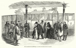 Król Francji Ludwik Filip przybywa na stację kolejową Croydon po tym jak został zmuszony do wygnania, luty 1848 (rycina) autorstwa French School
