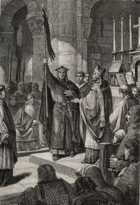 Król Ludwik VII (1120-1180) przejmuje oriflame w Bazylice Saint Denis (Saint Denis) w obecności królowej Akwitanii Alienor i odbiera trzmiel i pannetiere pelerin z rąk papieża Eugeniusza III (? -1153) przed jego odejściem autorstwa French School