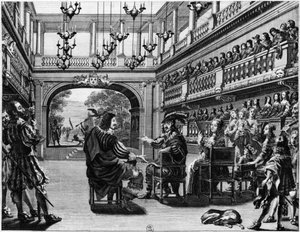 Król Ludwik XIII (1601-43) i królowa Anna Austriacka (1601-66) przy produkcji Mirame w Palais Cardinal, Paryż, 1641 autorstwa French School