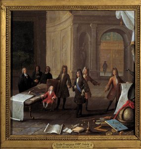 Król Ludwik XV (1710-1774) dziecko odbierające lekon w obecności kardynała Fleury i regenta Filipa II księcia Orleanu (1674-1723) Anonimowy obraz XVIII w., olej na miedzi wym. 0,23 x 0,23 m Paryż, Musee Carnavalet - Scena nauczania chi autorstwa French School