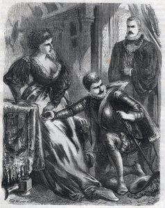 Król Filip II (1527-1598) zaskakuje swojego syna, księcia Don Carlosa (1545-1568), próbującego pogwałcić swoją teściową (macochę), królową Elżbietę (1545-1568) (Elizabeth z Francji lub Isabelle of Valois) , 17 stycznia autorstwa French School