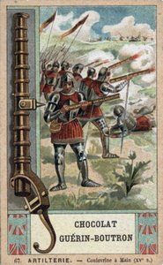 Rycerz manewrujący kulą ręczną z XV wieku. Chromolitografia z XIX wieku czekolad Guérin-Boutron. autorstwa French School