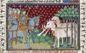 Rycerze atakujący słonie, z „Księgi romansów Shrewsbury Talbot”, ok. 1445 (welum) autorstwa French School