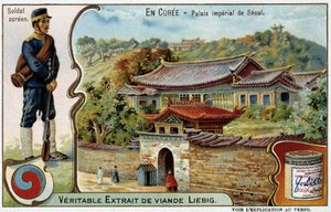 Korea: Pałac Cesarski w Seulu i Kostium Żołnierza – Liébig chromo, v.1900 autorstwa French School