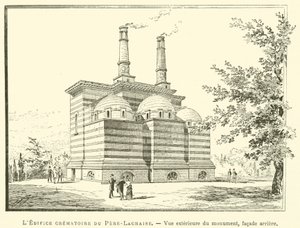 Budynek krematorium Pere-Lachaise, widok zewnętrzny pomnika, elewacja tylna (rycina) autorstwa French School