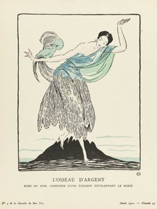 Srebrny Ptak. Suknia wieczorowa, składająca się z szalika otulającego biust z La Gazette du Bon Ton, pub. 1914 (wzornik) autorstwa French School
