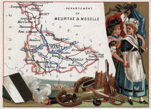 La Meurthe et Moselle (Meurthe-Et-Moselle, 54), Lotaryngia, Francja. Portret dwóch rewolucyjnych kobiet. Seria o francuskich departamentach. Chromolitografia (Chromo) „”nić geograficzna””, ok. 1920 r. Zbiory prywatne. autorstwa French School