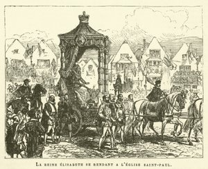 Królowa Elżbieta idąca do kościoła św. Pawła (rycina) autorstwa French School