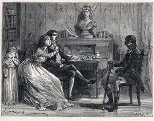 La Terreur podczas Rewolucji Francuskiej: Camille Desmoulins (1760-1794), więziony, odwiedził swoją żonę Lucile (1770-1794) i marszał Guillaume Brune (1763-1815) autorstwa French School
