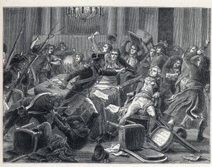 La Terreur podczas Rewolucji Francuskiej: aresztowanie Maksymiliana de Robespierre (1758-1794) i jego zwolenników ponownie spotkali się w Hotel de Ville de Paris 9 termidora roku II (27 lipca 1794). W centrum żandarm strzelił z pistoletu w Robespierre