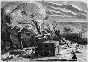 Upadek balonu „Le Geant” na równinach Hanoweru w 1863 r. na pokładzie: Jules i Louis Godard, Felix Nadar, jego żona, Fernand Montgolfier i Thirion. Aeronauci próbują ratować złapaną pod koszem panią Nadar. Grawerowanie w „Świat Illus autorstwa French School