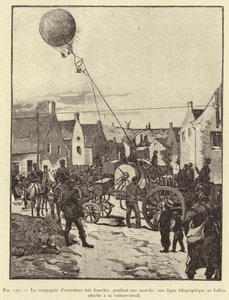Kompania baloniarzy przecina w marszu linię telegraficzną do balonu przyczepionego do jego wyciągarki (rycina) autorstwa French School