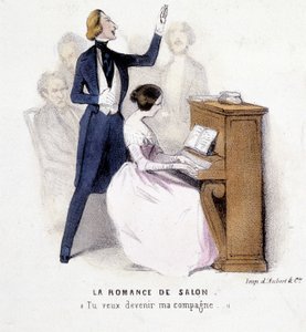 The Salon Romance: Man Singing Accompaniment at the Piano by a Woman, Lonsay, c. 1845. autorstwa French School