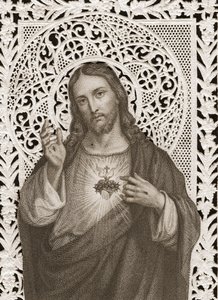 Koronkowa karta przedstawiająca Najświętsze Serce Jezusa, XIX w. (bw litho) autorstwa French School