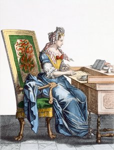 Lady at Writing Desk 88:Kobieta płaci rachunki przy swoim biurku; autorstwa French School