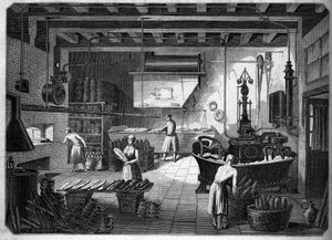 Wielki francuski przemysł w XIX wieku: urządzenia Drouot do pieczenia. Fournil de M. Courcier, rue Saint Maur w Paryżu. W „Le Monde sławny”” 1862. autorstwa French School