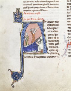 Duży historyczny inicjał „A”, przedstawiający Judytę z mieczem uniesionym nad śpiącym Holofernesem, ok. 1200-1225 (brązowy, czerwony, biały i niebieski atrament na różowym podłożu (welum) z golem) autorstwa French School