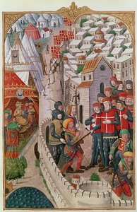 Lat 6067 f. 39 Egzekucja dwóch Turków, którzy przeniknęli Rodos i spiskowali w celu otrucia dowódcy garnizonu w 1480, z Historii oblężenia Rodos, Guillaume Caoursin, 148 autorstwa French School
