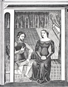 Launcelot i Ginewra, według miniatury z XIV-wiecznego rękopisu, z książki Science and Literature in The Middle Ages wydawnictwa Paul Lacroix. Londyn 1878 autorstwa French School
