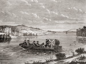 Układanie kabla telegraficznego pod amerykańską rzeką ok. 1860, z Les Merveilles de la Science, opublikowane ok. 1870 (rycina) autorstwa French School