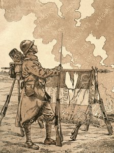 Le Bleuet. Symbol pamięci i solidarności we Francji, dla weteranów i ofiar pierwszej wojny światowej. Francuska ilustracja propagandowa z I wojny światowej, przywołująca francuskie zwycięstwa na przestrzeni wieków. Z Agenda Buvard du Bon Marche opublikowan autorstwa French School