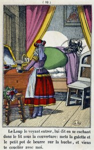 Le Chaperon Rouge dans la chambre du loup - w „”Czerwonym Kapturku””, wyd. Pellerin, Epinal, b.d. 19. autorstwa French School