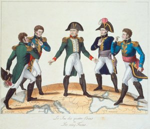 Gra Czterech Monet lub Pięciu Braci, rysunek bonapartystowski przedstawiający Napoleona i jego braci, 1808 autorstwa French School