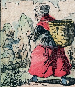 Le Pere Fouettard, francuska postać ojca do bicia, legendarna postać folkloru karząca niegrzeczne dzieci: jego żona, La Mere Fouettard, matka do bicia, która goni dzieci opuszczające szkołę - zdjęcie Epinal autorstwa French School
