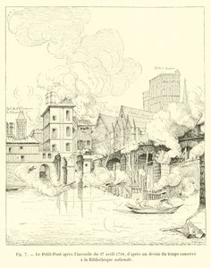 Petit-Pont po pożarze z 27 kwietnia 1718 r. z ryciny z epoki przechowywanej w Bibliotece Narodowej autorstwa French School