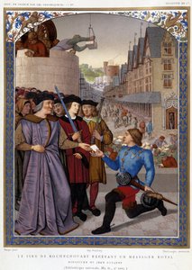 Lord Rochechouart przyjmuje królewskiego posłańca. za Fouquetem, w „Les Chroniqueurs de l’histoire de France od początków do XVI wieku” pani de Witt, Paryż autorstwa French School
