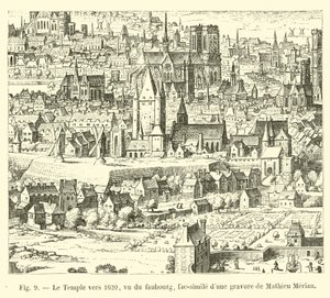 Świątynia ok. 1620 widziana z faubourga, faksymile ryciny Mathieu Meriana autorstwa French School